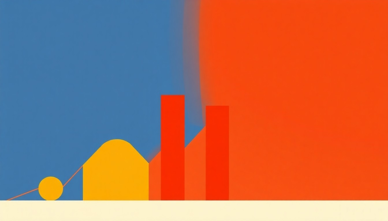 An abstract illustration composed of overlapping triangles and rectangles in shades of blue, red, and yellow, conceptually representing the downward trend in consumer sentiment and the complex economic forces behind it.