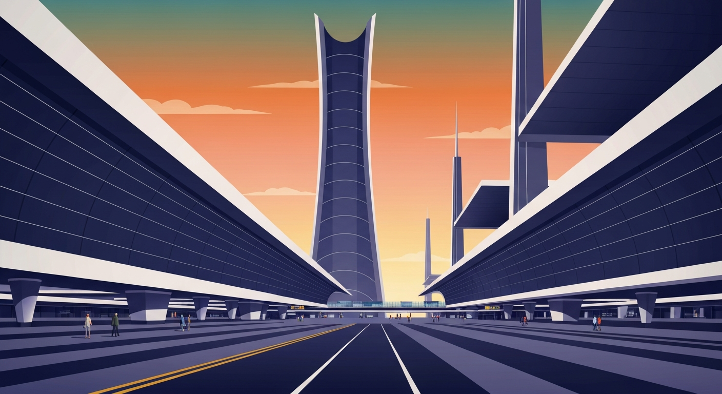 A highly stylized, geometric illustration depicting the grand scale and sleek forms of an airport terminal, using bold colors and sweeping gradients to convey a sense of power and movement without any literal depiction of people or text.