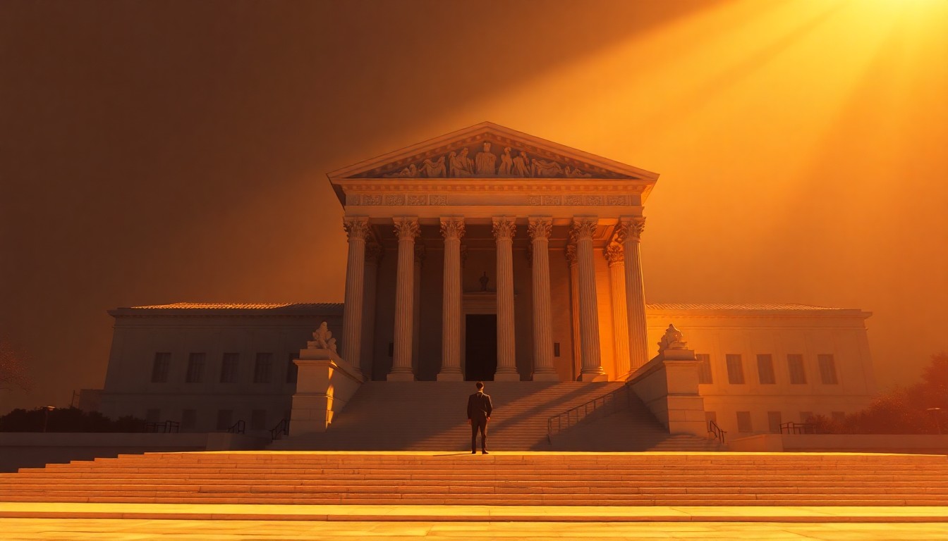 A photorealistic painting of the Supreme Court building in warm, golden light, with a single figure standing on the steps, conveying a sense of solitude and contemplation.