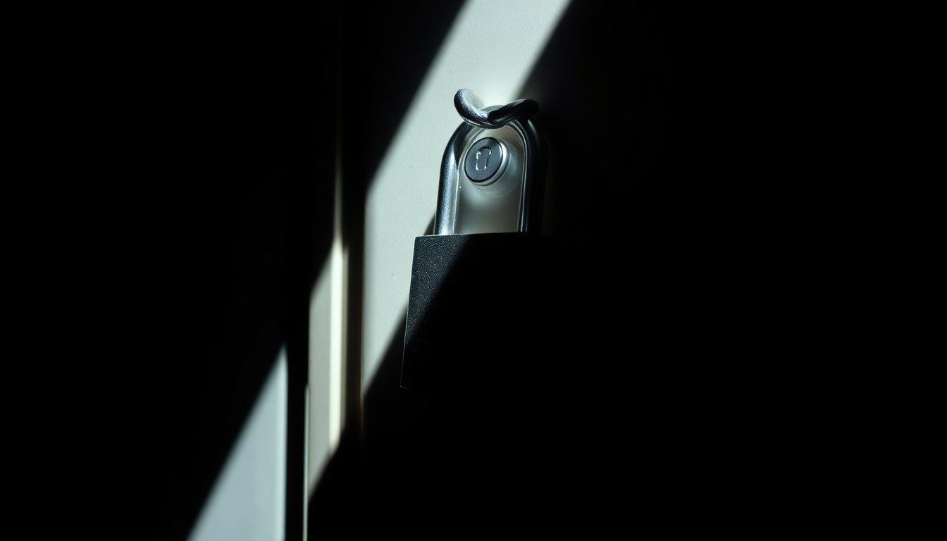 An extreme close-up of a padlock on a school locker, reflecting a harsh, direct flash of light, conceptually illustrating the serious security issues raised by an unauthorized campus entry.