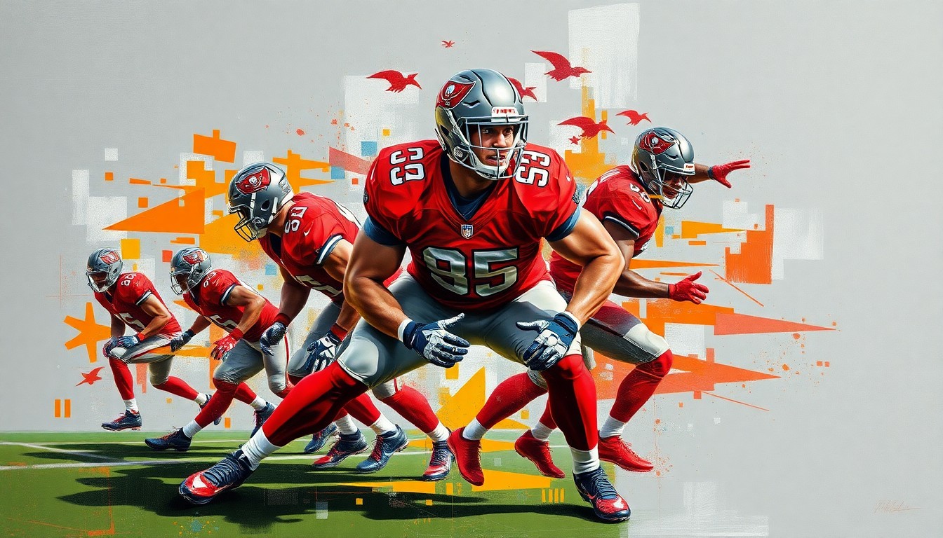 A fractured, multi-perspective painting depicting the geometric shapes and planes of a football player in a defensive stance, using the Buccaneers' team colors of pewter, red, and orange to conceptually represent the energy and potential of a high-impact defensive prospect.