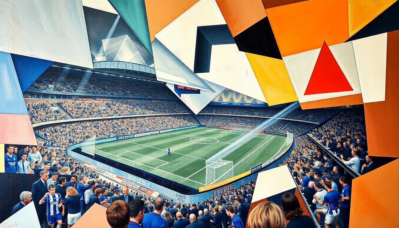 A cubist, geometric painting depicting a Sheffield Wednesday football match, with the players and field broken down into sharp, overlapping planes of color, capturing the club's analytical approach to understanding the challenges of League One.