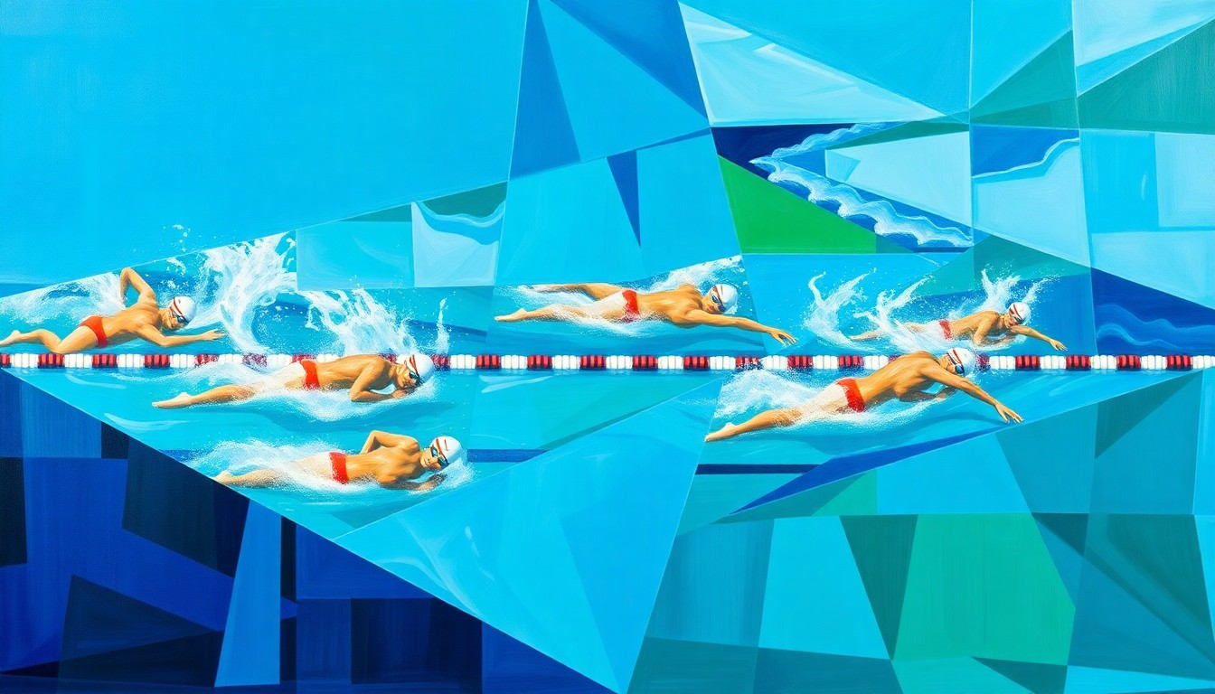 A cubist-style painting featuring overlapping geometric shapes in shades of blue, green, and white, representing the dynamic movements and competition of a women's swimming event.