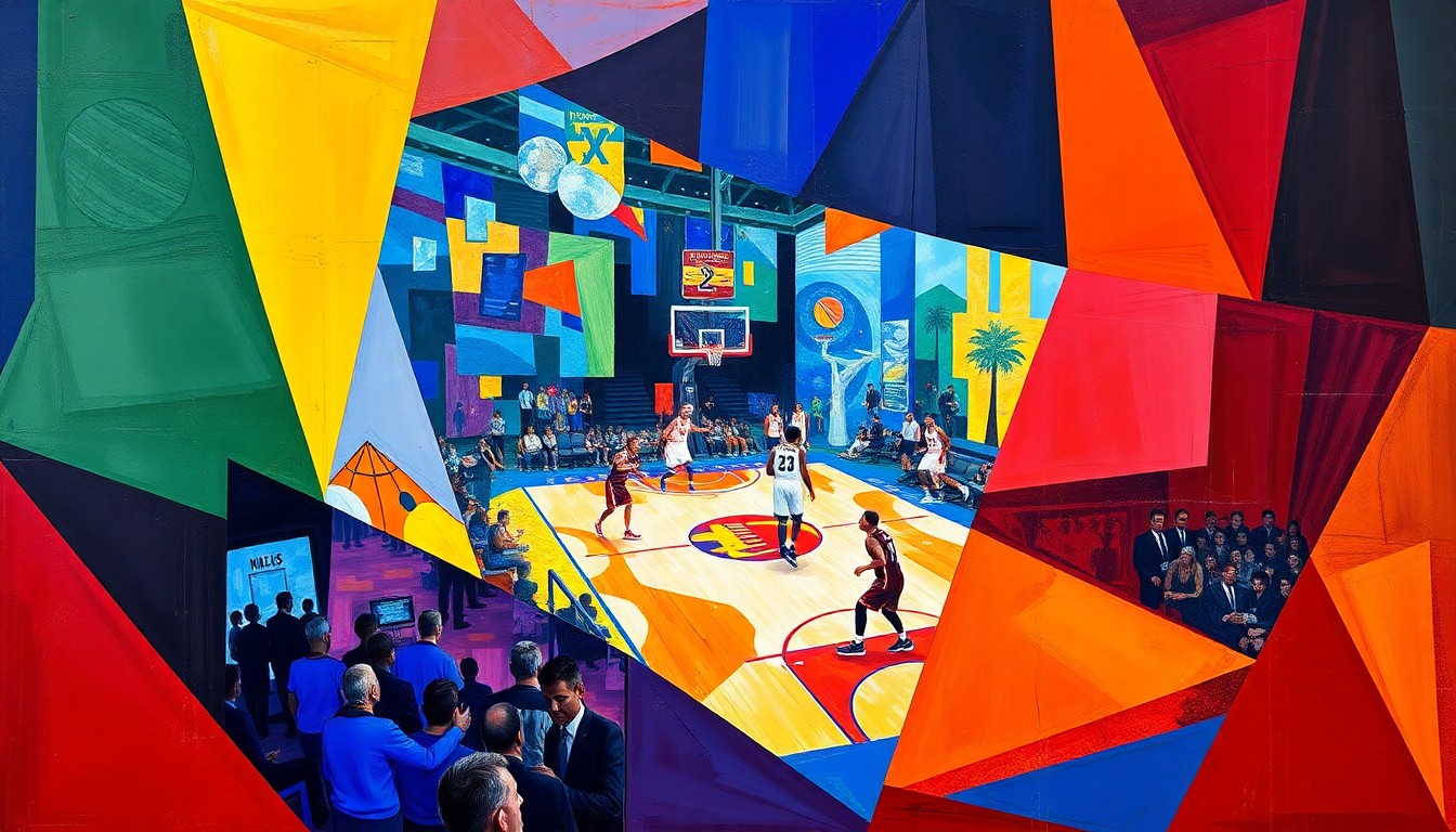 A fragmented, multi-angled painting depicting an NBA basketball game, with the court and players broken down into sharp, overlapping planes of bright team colors like red, blue, and green, creating a dynamic, abstract representation of the action.