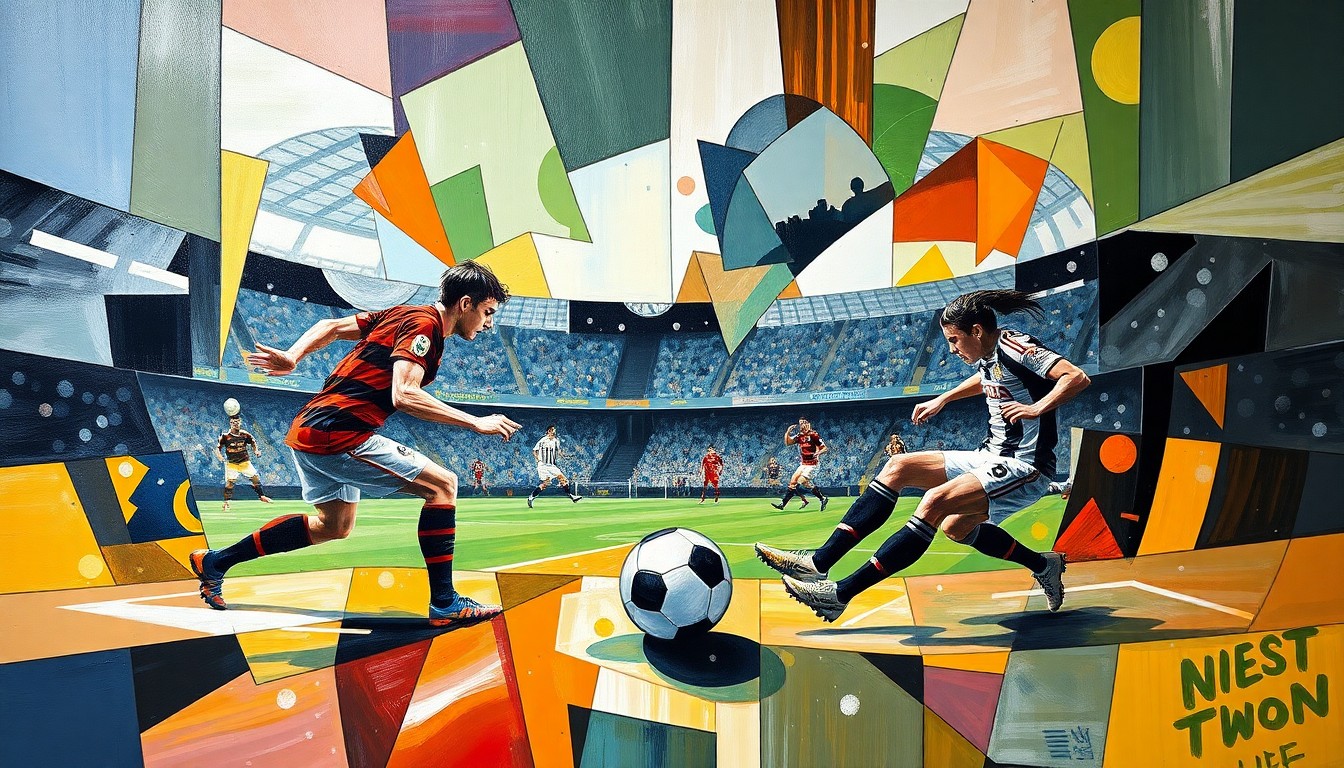 A fragmented, geometric painting depicting the fast-paced action and strategic complexity of a Premier League football match, with players and the ball represented as abstract shapes and forms.