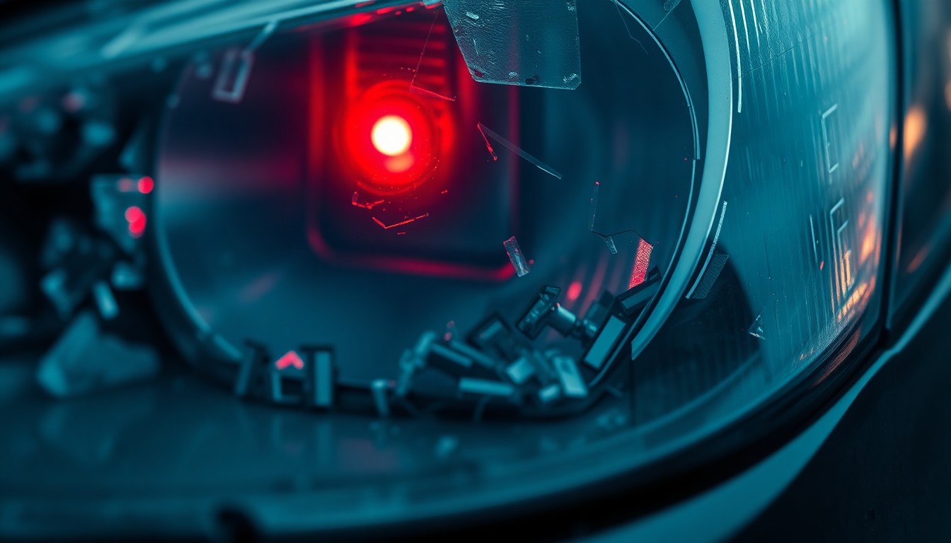 An extreme close-up of a shattered car headlight lens reflecting a faint red light, conceptually representing the aftermath of a fatal highway collision.