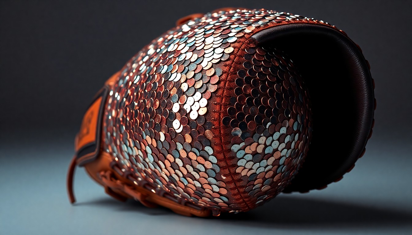An abstract close-up photograph of a baseball glove covered in shimmering sequins, using dramatic lighting to create a high-fashion, glamorous aesthetic.