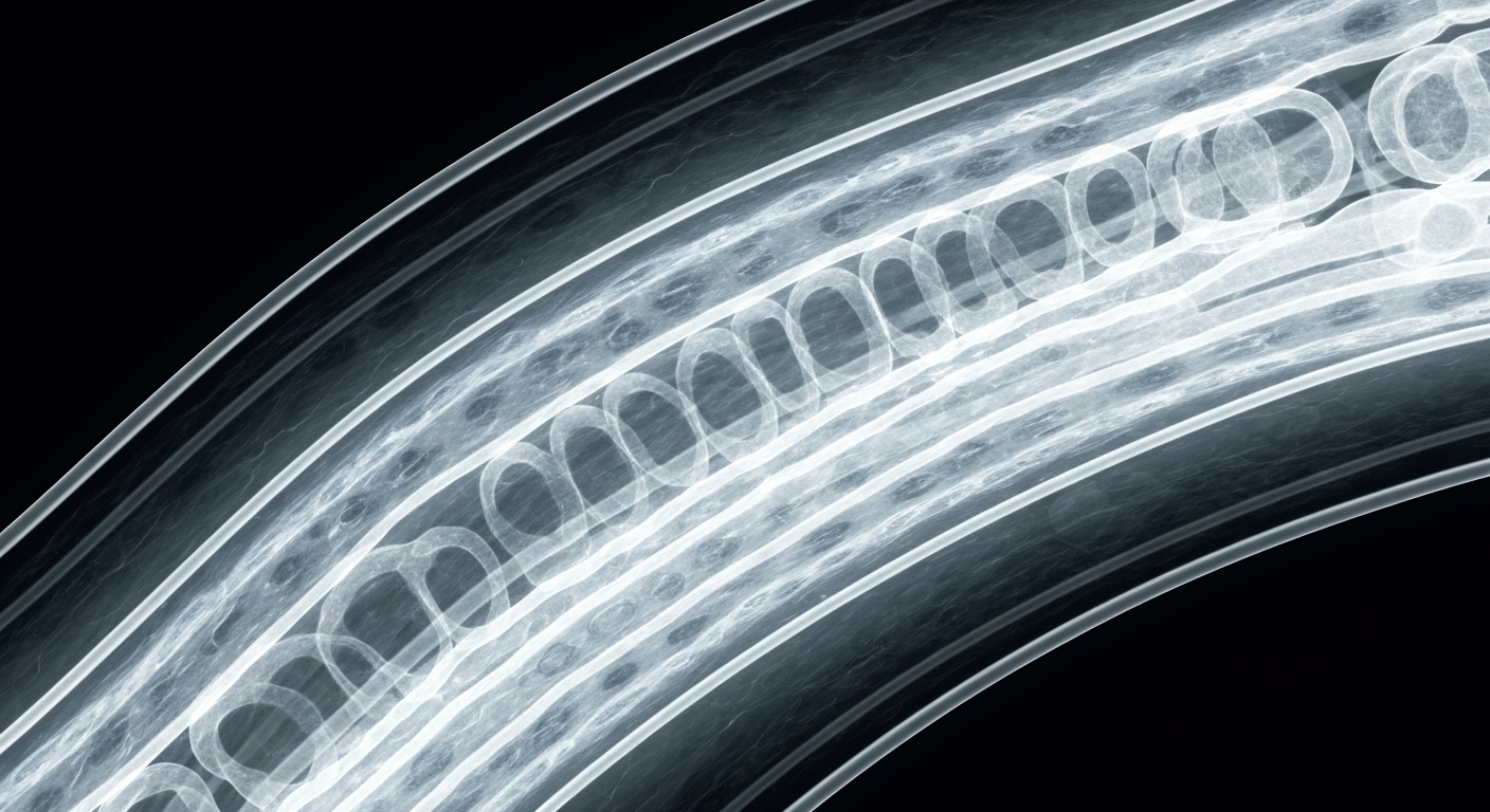 A highly detailed, translucent X-ray photograph revealing the internal structure of aged muscle tissue, with glowing, ghostly lines highlighting the NDRG1 protein and its role in the interplay between muscle stem cell activation and survival.