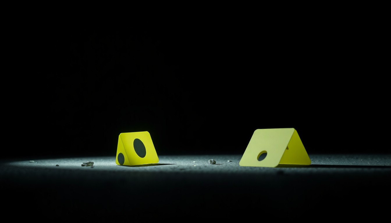 An extreme close-up photograph of a police evidence marker on the ground, capturing the stark, gritty, and investigative nature of the ongoing murder probe.