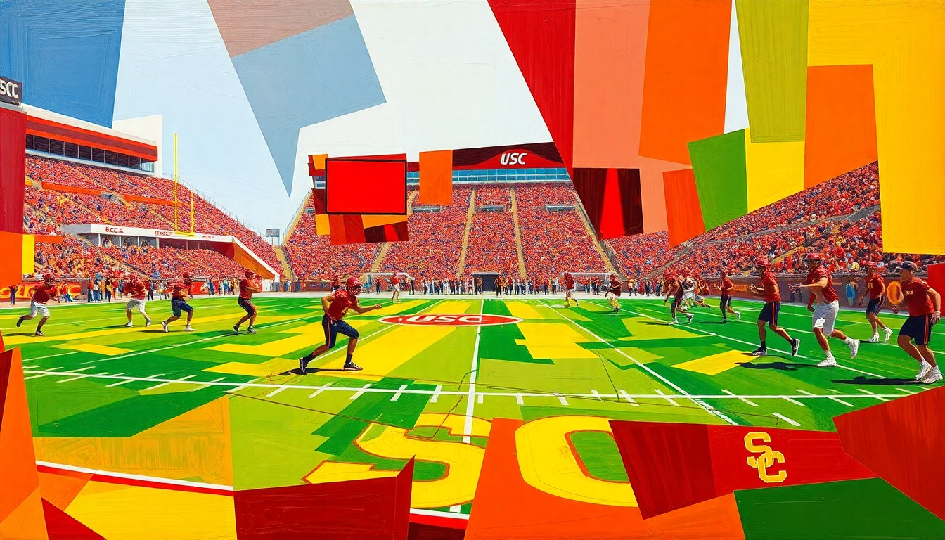 A cubist, geometric painting depicting a fragmented scene of a college football practice, with players and equipment broken down into sharp, overlapping planes of cardinal red and gold colors.