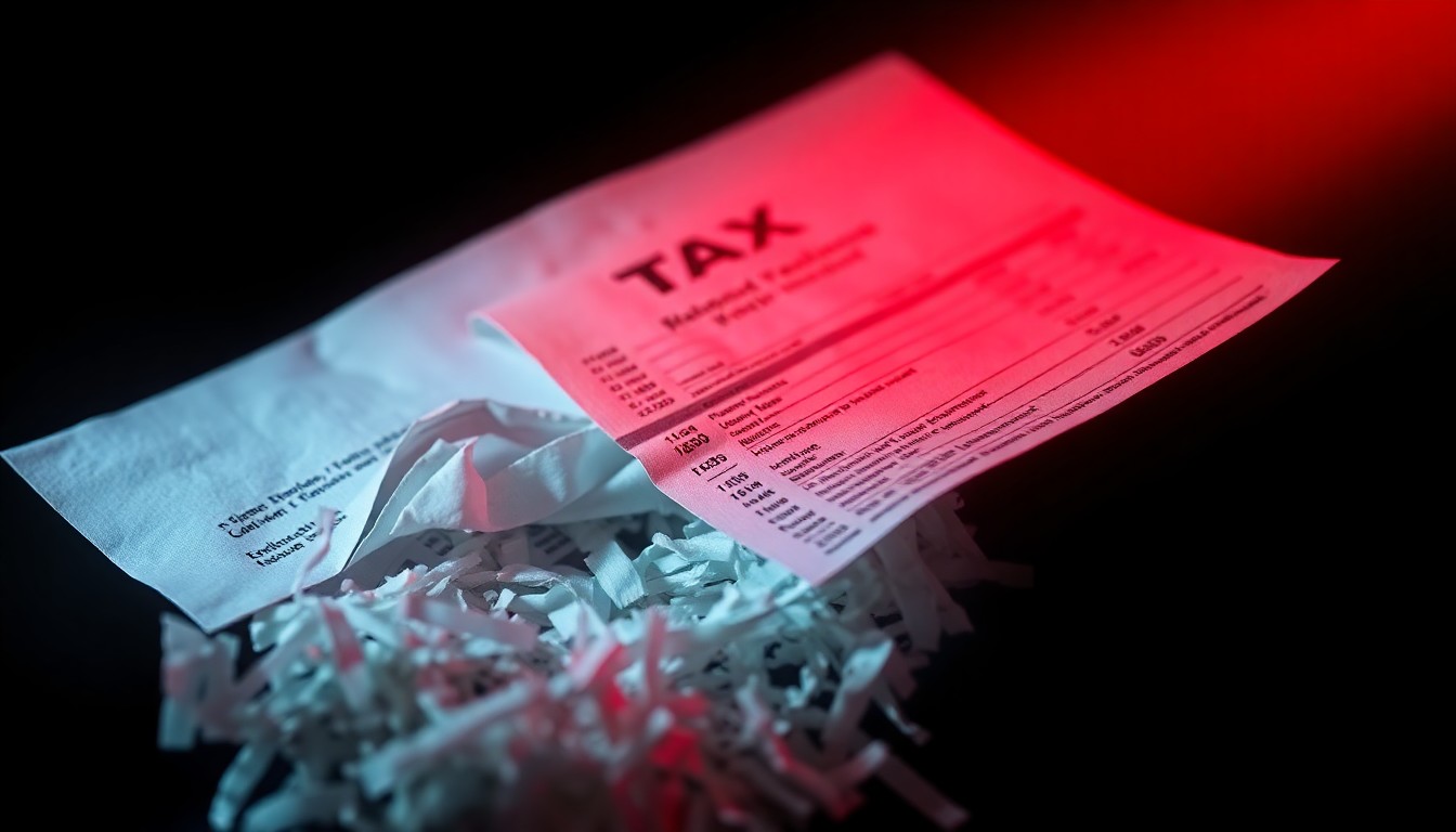 An extreme close-up photograph of a shredded tax document and crumpled receipt, lit by a harsh, direct camera flash against a pitch-black background, conceptually illustrating the complex and secretive nature of tax refund fraud.
