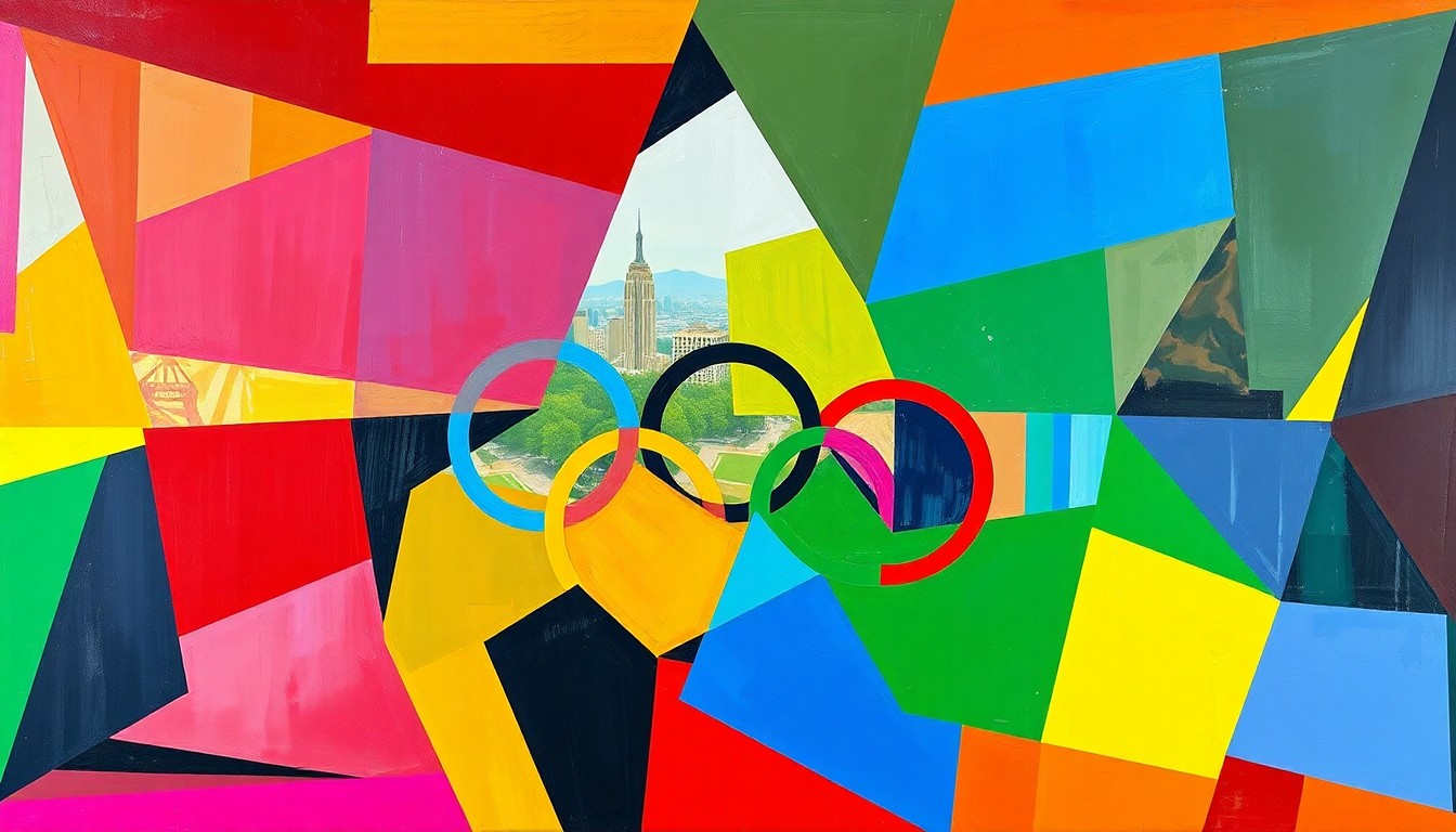 A cubist, geometric painting in bold colors depicting the fragmented and complex challenges facing the 2028 Olympics in Los Angeles, with no recognizable figures or text.