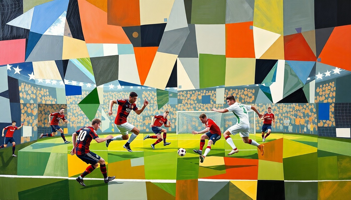 A fractured, multi-perspective painting in the style of Pablo Picasso, breaking down a Bundesliga soccer match between two teams into sharp, overlapping geometric planes. The players' movements and the intensity of the game are captured through Picasso's signature cubist style.