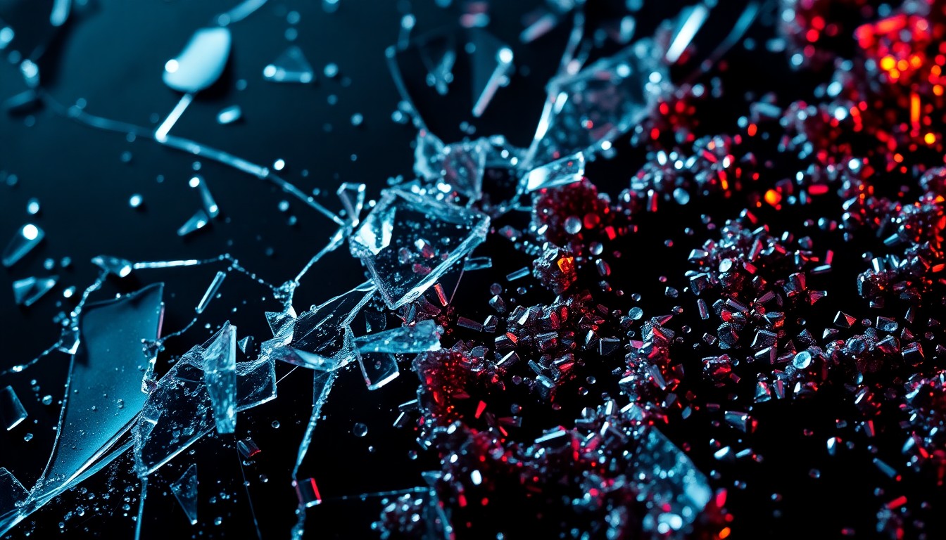 An extreme close-up photograph of shattered glass and sequins, capturing the high-contrast, high-fashion aesthetic of the M.I.A. crime thriller series.