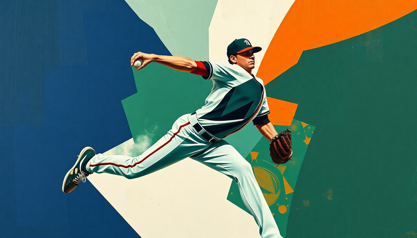 A fragmented, geometric painting depicting the motion of a baseball pitcher, with sharp planes of navy, green, and orange overlapping to create a dynamic, abstract representation of the sport.