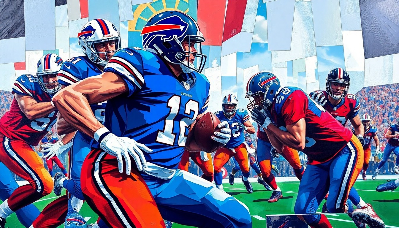 A cubist, geometric painting depicting a football game or competition, with sharp, overlapping planes of color representing the players' movements and the field. The vibrant blues and reds of the Buffalo Bills' uniforms are visible, but the players' identities are obscured, focusing on the raw energy and action of the sport.