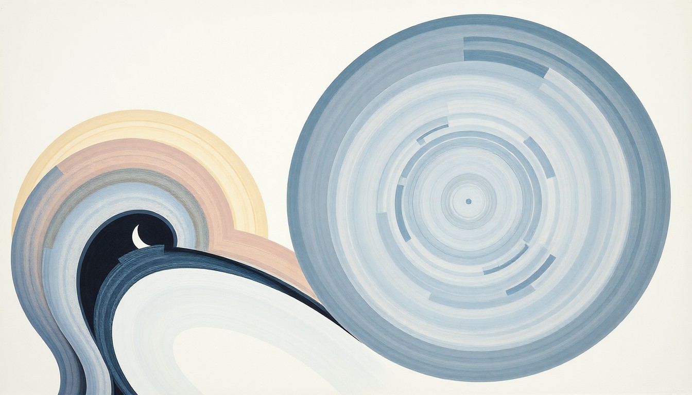 A highly textured, abstract painting in muted blues, greens, and grays, featuring sweeping geometric shapes and intersecting waveforms that conceptually represent the complex scientific forces and climate dynamics affecting the Antarctic Peninsula.