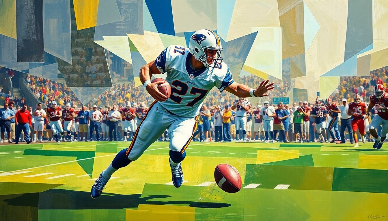 A cubist, geometric painting depicting a football player rushing the quarterback, with the player's form broken down into sharp, overlapping planes of color and shape.