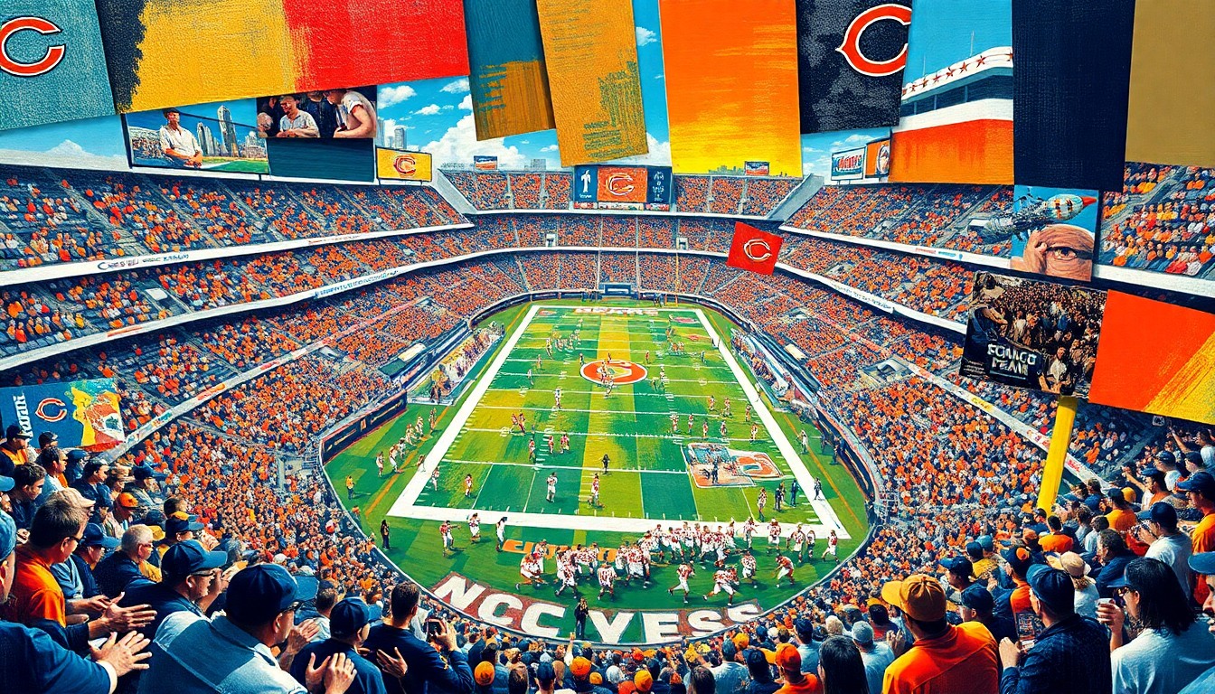 A cubist, geometric painting depicting a fragmented football stadium and game action, with sharp planes of the Chicago Bears' navy and orange colors and the opposing team's colors, capturing the complex, multi-faceted nature of the Bears' stadium decision.