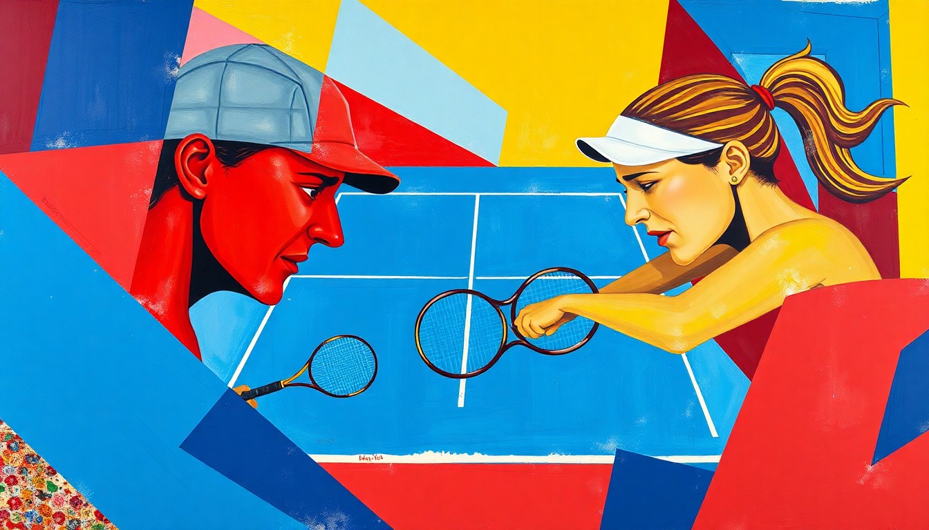 A fragmented, geometric painting in bold colors depicting a tennis match, with overlapping shapes and planes representing the competitive action on the court.