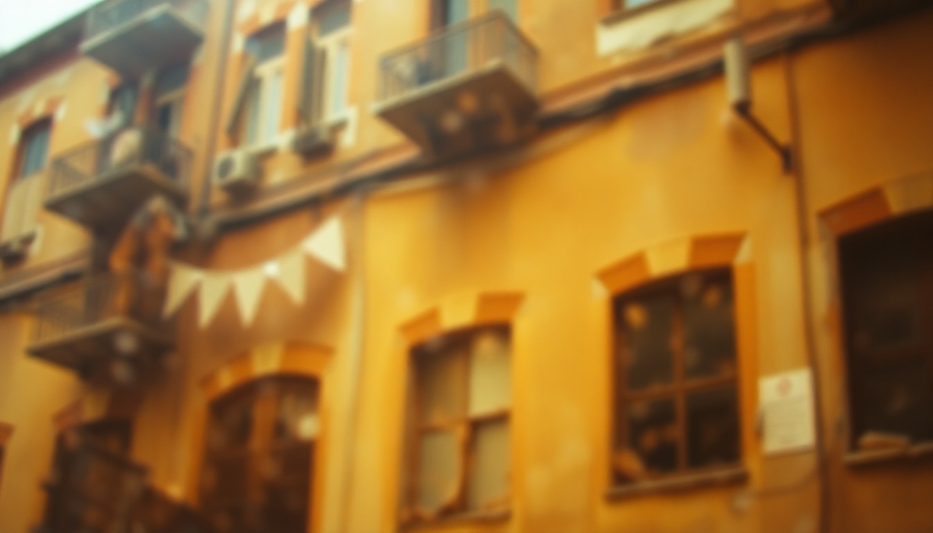 An abstract, impressionistic view of a dilapidated urban building facade, with the details obscured in a hazy, out-of-focus wash of warm, earthy tones, conceptually representing the crumbling Kenmore Building in Binghamton.