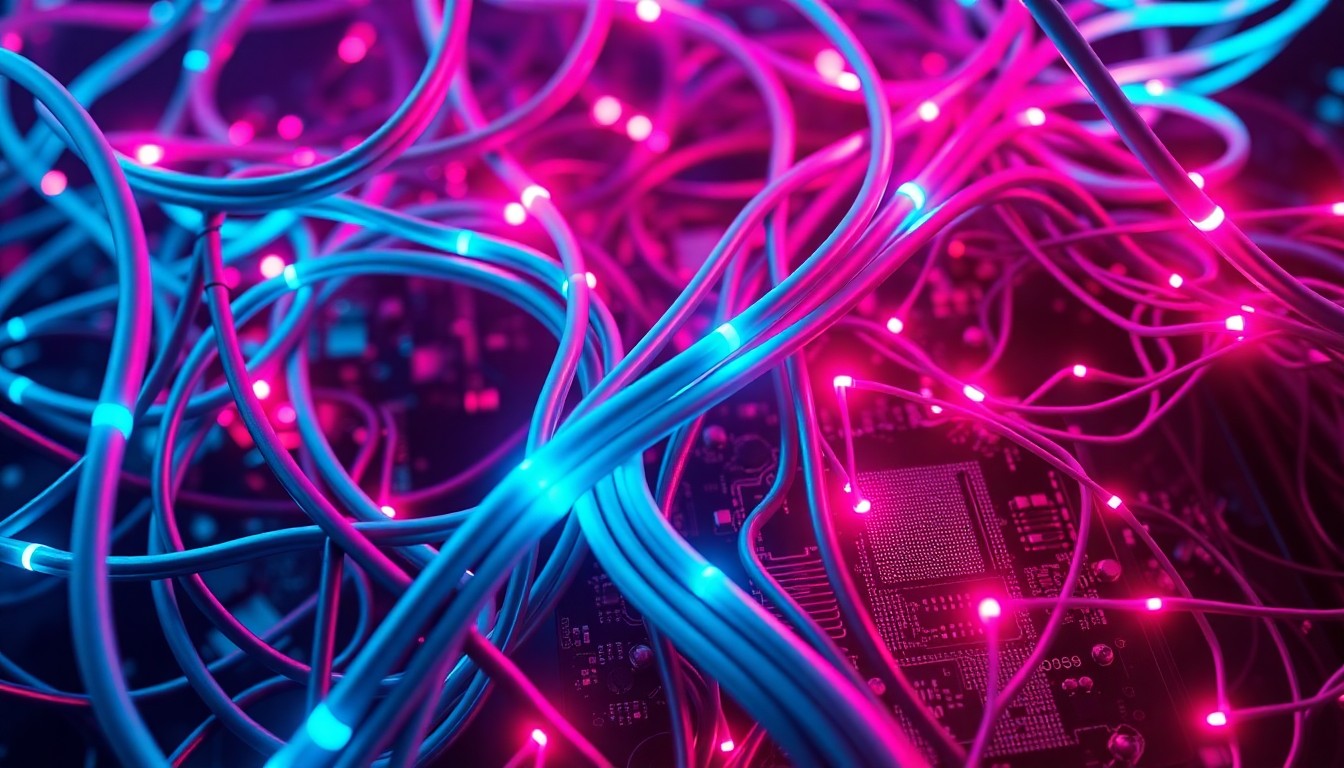 A highly detailed, glowing 3D illustration of a tangled web of fiber-optic cables and circuit boards, representing the complex technology behind Google's AI-powered search summaries. The vibrant neon colors symbolize the potential power and risks of this innovative yet imperfect system.