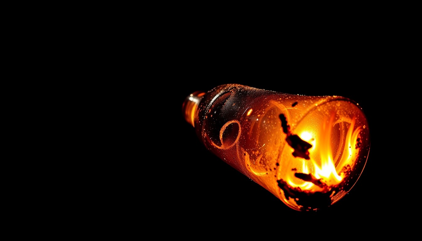 An extreme close-up photograph of a charred, melted Molotov cocktail bottle against a pitch-black background, creating a stark, gritty, investigative aesthetic.