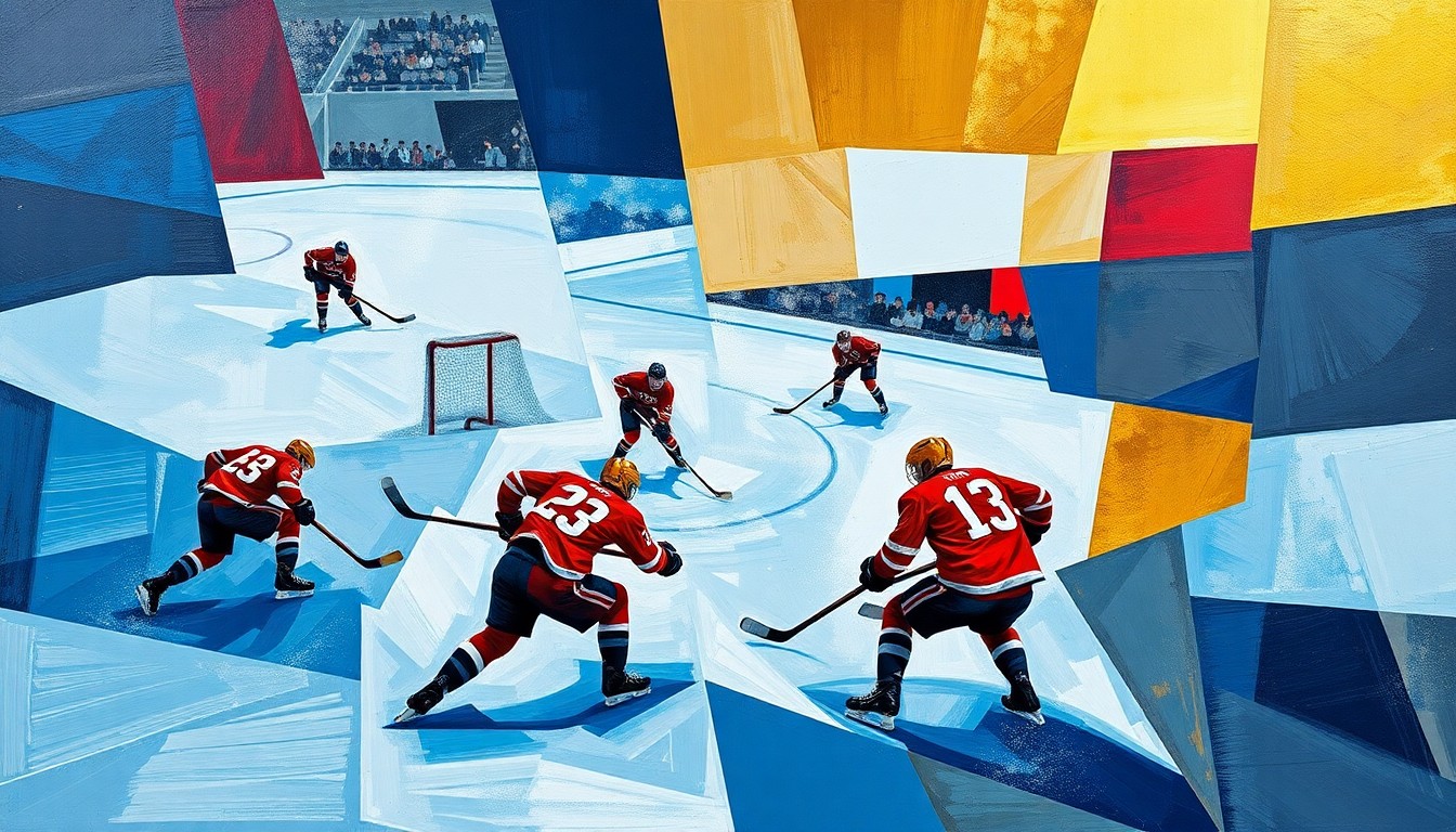 A fractured, cubist painting depicting the dynamic action of an Olympic hockey game, with players and the ice rendered in sharp, overlapping geometric shapes in a palette of deep blues, reds, and golds, capturing the intensity and energy of the sport.