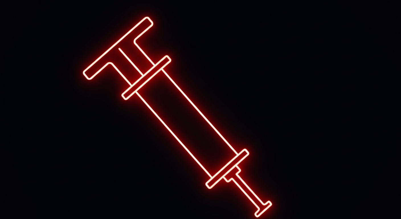 A minimalist, glowing neon outline of a syringe or other medical equipment against a dark background, conceptually representing the dangers of a deadly veterinary sedative infiltrating the local drug supply.