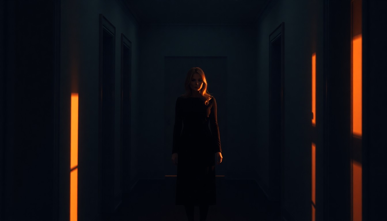 A solitary figure in a dimly lit hallway, the warm light casting deep shadows and a sense of unease.