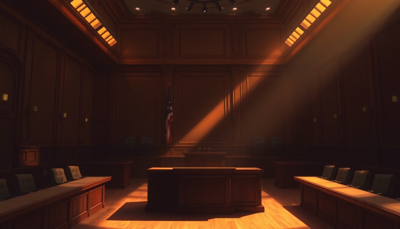 A serene, painterly scene of an empty city council chamber, with warm light streaming through the windows and deep shadows cast across the floor, conveying a sense of civic contemplation.