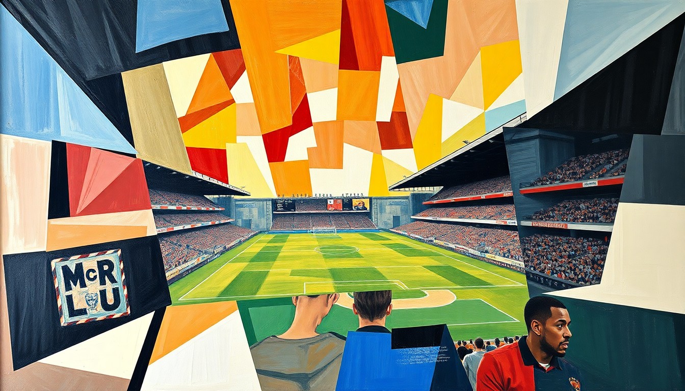 A cubist, geometric painting depicting a fragmented, multi-angle view of a football match, with sharp, overlapping shapes and planes representing the players and action on the field.