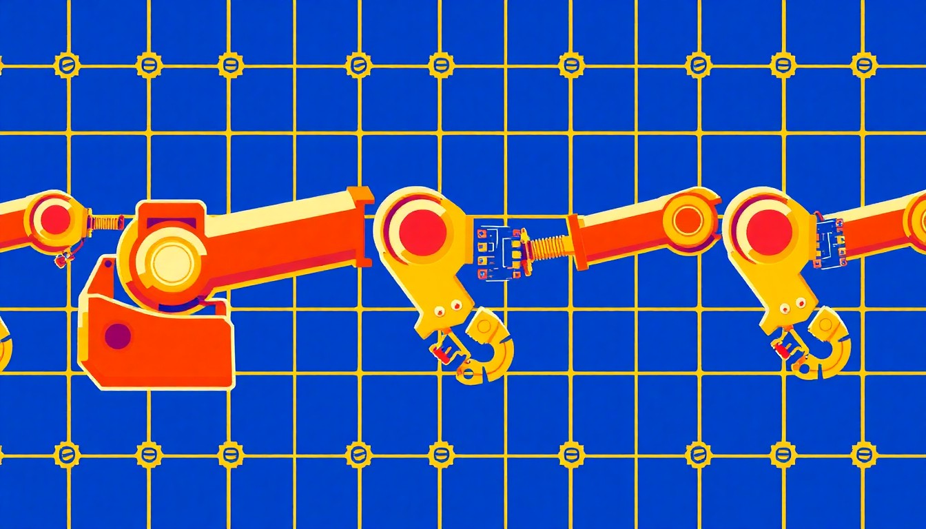 A vibrant, abstract silkscreen print composed of a repeating grid of 3D-printed robotic arms in bright, neon colors, conceptually representing the advanced technology and hands-on learning focus of Vero Beach High School's STEAM curriculum.