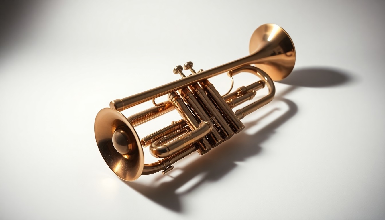 A high-end, photorealistic studio still life featuring a polished brass trumpet resting on a clean, monochromatic background, symbolizing the bittersweet end of an era for this storied American instrument maker.