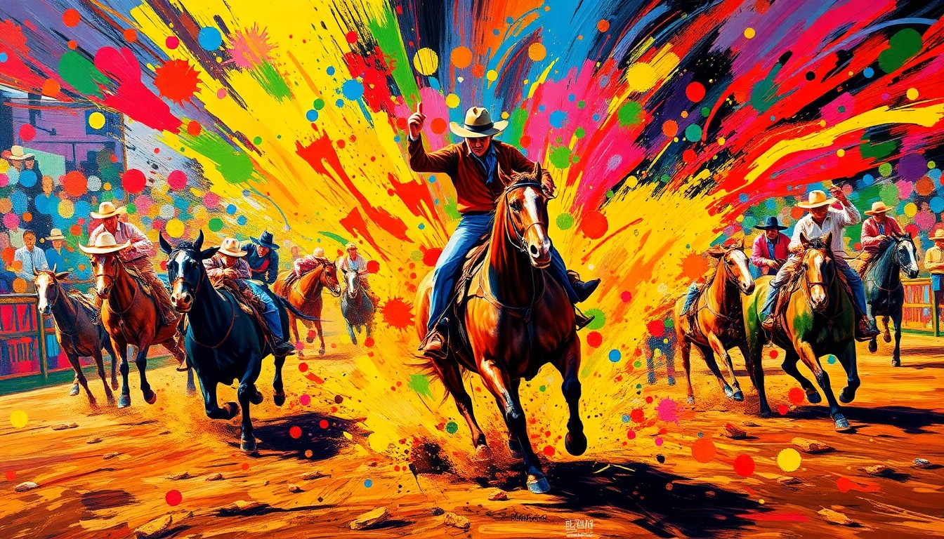 An abstract, energetic painting in neon colors depicting the frenetic motion and power of a rodeo competition, with cowboys, bulls, and horses blending into a dynamic, expressionistic composition.