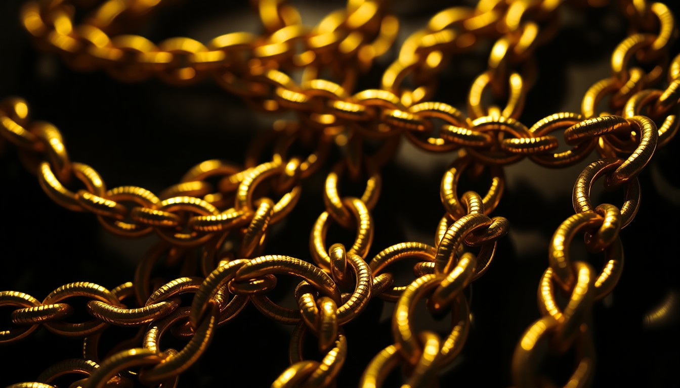 An extreme close-up photograph of a shimmering, textured gold chain against a dark background, capturing the luxurious and enigmatic nature of Rembrandt's lost masterpiece.