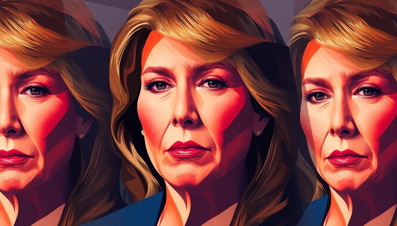 A fractured, abstract painting of Melania Trump's face repeated in overlapping geometric shapes and waves of color, conveying a sense of political turmoil and fractured relationships.