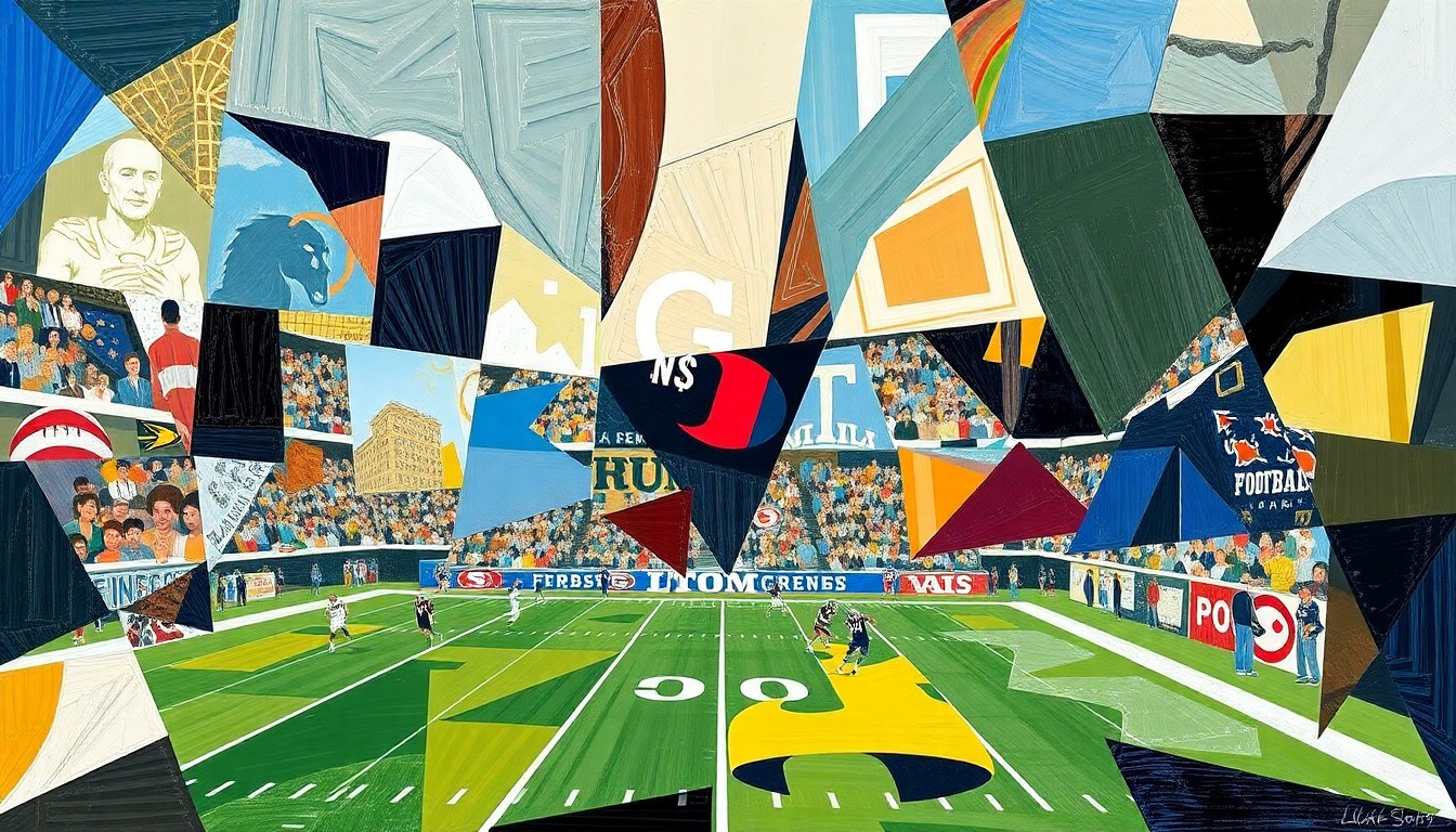 A cubist-style painting depicting a college football game, with the players and field broken down into sharp, overlapping geometric shapes and planes, conveying the dynamic energy and movement of the sport.