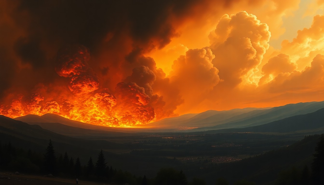 A vast, atmospheric landscape painting depicting a raging wildfire consuming a small town in the distance, with the dramatic, sweeping scale of the natural disaster dwarfing the physical structures below.