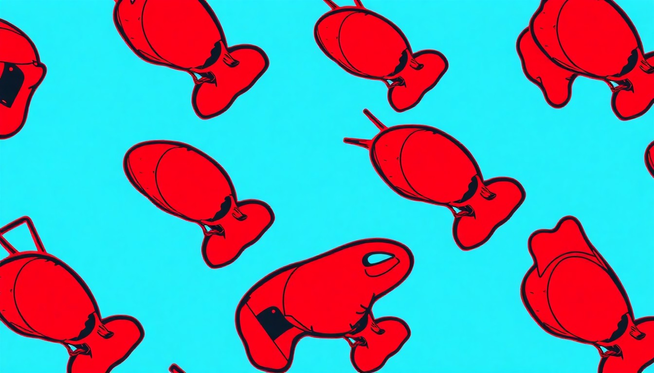 A highly stylized, pop art-inspired illustration featuring a repeating grid of a single, iconic seafood item in vibrant neon colors with bold black outlines, conceptually representing the dramatic presentation of Ocean Prime's signature seafood tower.