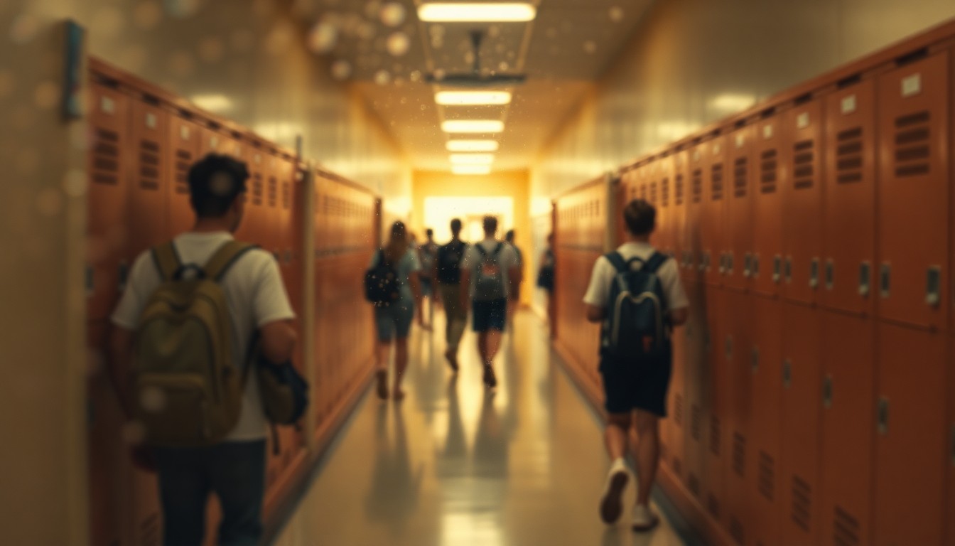 An abstract, out-of-focus scene of a high school hallway filled with blurred shapes and colors representing students' backpacks, lockers, and books, conveying a sense of academic focus and community.