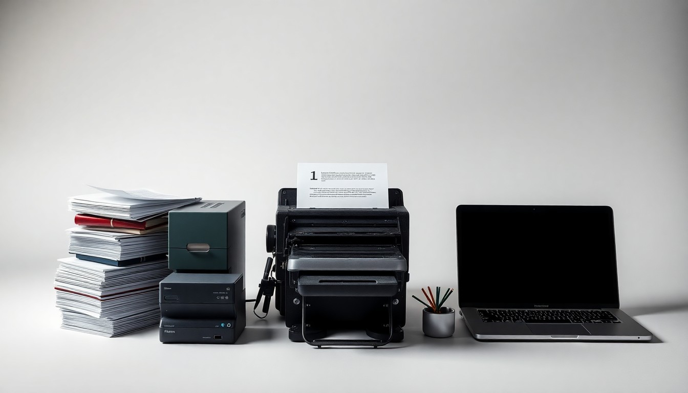 A photorealistic studio still life featuring a stack of freshly printed documents, a vintage printing press, and a modern laptop computer, conveying the evolution of the printing industry over the past 40 years.