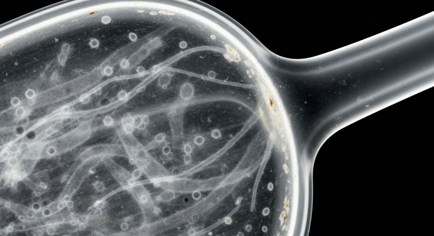 A ghostly X-ray image showing the internal structure of a kitchen utensil covered in grime and bacteria, conceptually illustrating the unsanitary conditions found in some Nashville restaurants.