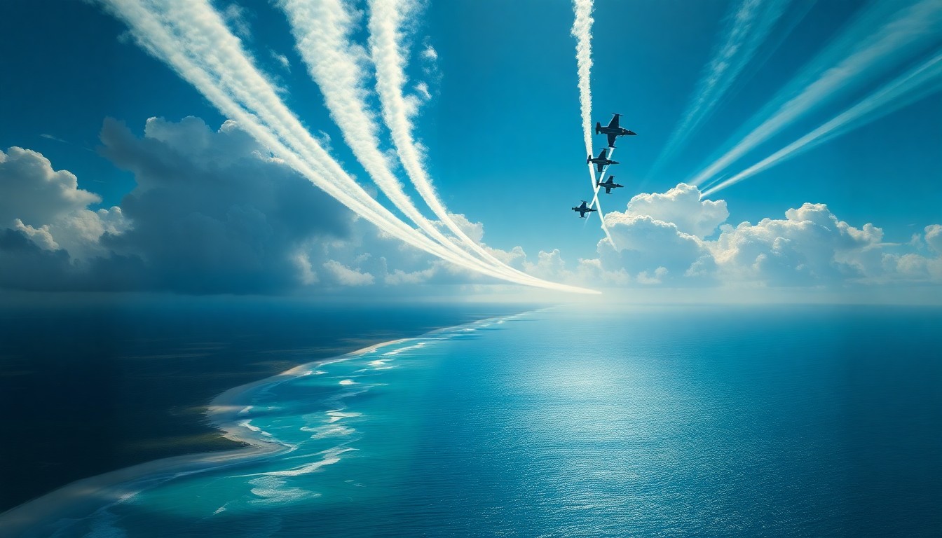 A sweeping, majestic landscape painting depicting the Cocoa Beach coastline with the U.S. Navy Blue Angels performing aerial maneuvers high above the ocean, their contrails creating a dramatic, atmospheric pattern across the sky. The scene emphasizes the overwhelming scale and power of the natural world and the aircraft, dwarfing any physical structures or spectators below.