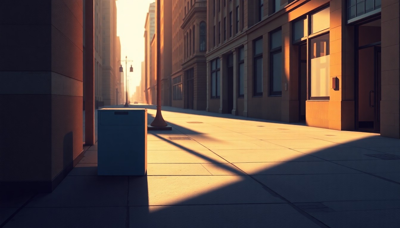 A close-up view of an old-fashioned metal ballot box sitting alone on a quiet urban sidewalk, the box's surface reflecting warm sunlight and deep shadows in a cinematic, nostalgic style.
