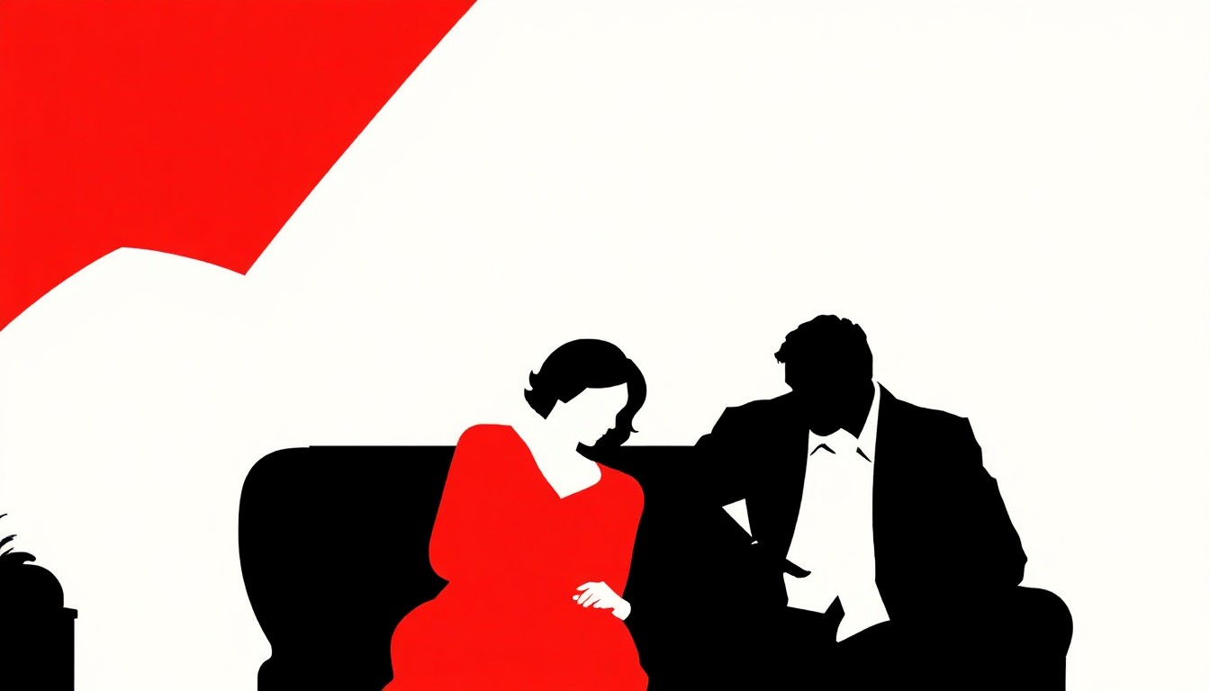 An abstract, minimalist illustration featuring stark, jagged geometric shapes in bold red and white, conceptually representing the themes of family, grief, and identity explored in the HBO Max drama 'How To Survive Without Me'.