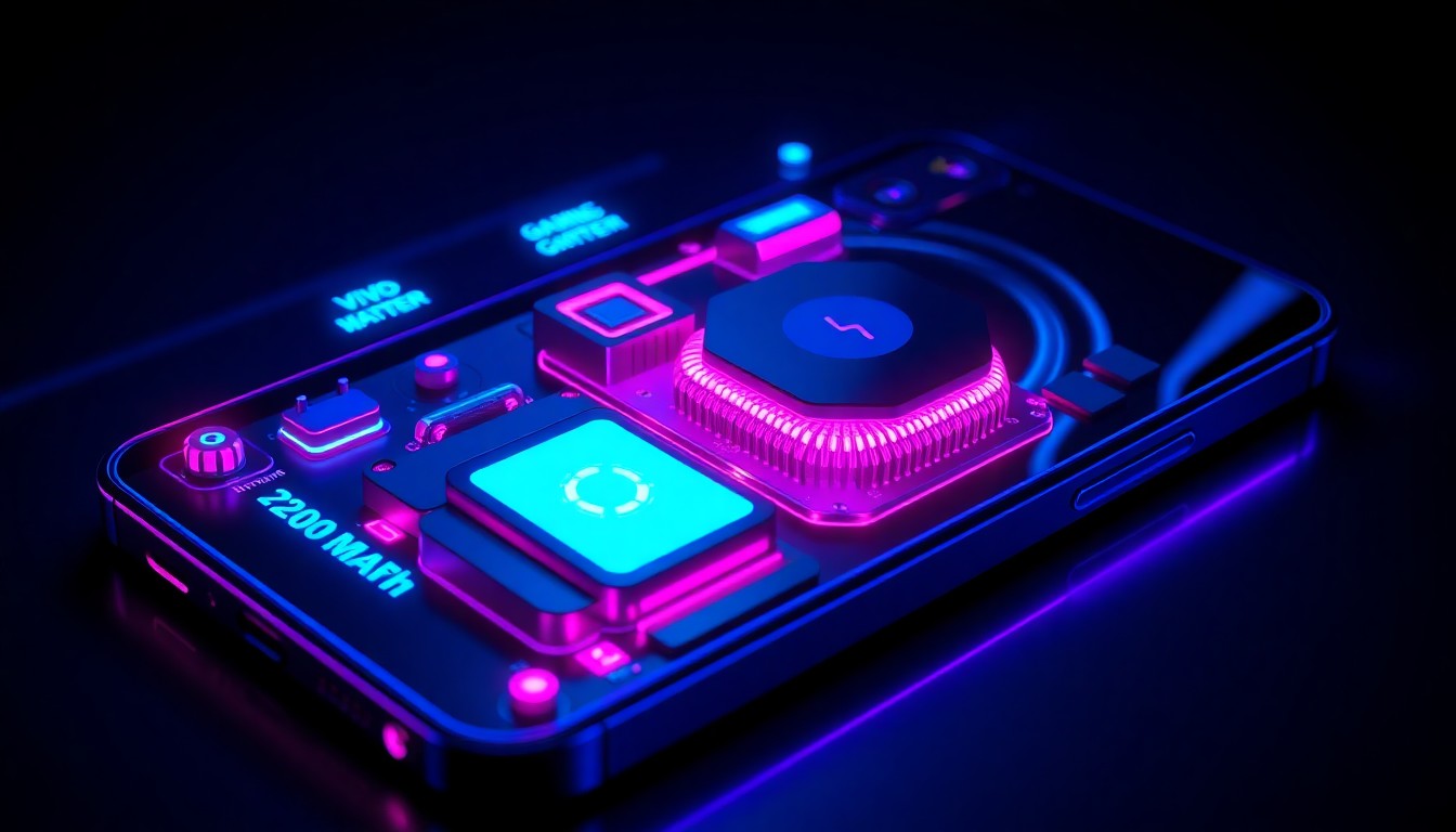 A highly detailed, glowing 3D macro illustration of the Vivo T5x 5G smartphone, with its key components illuminated by neon cyan and magenta lights, conceptually representing the device's advanced hardware and gaming capabilities.