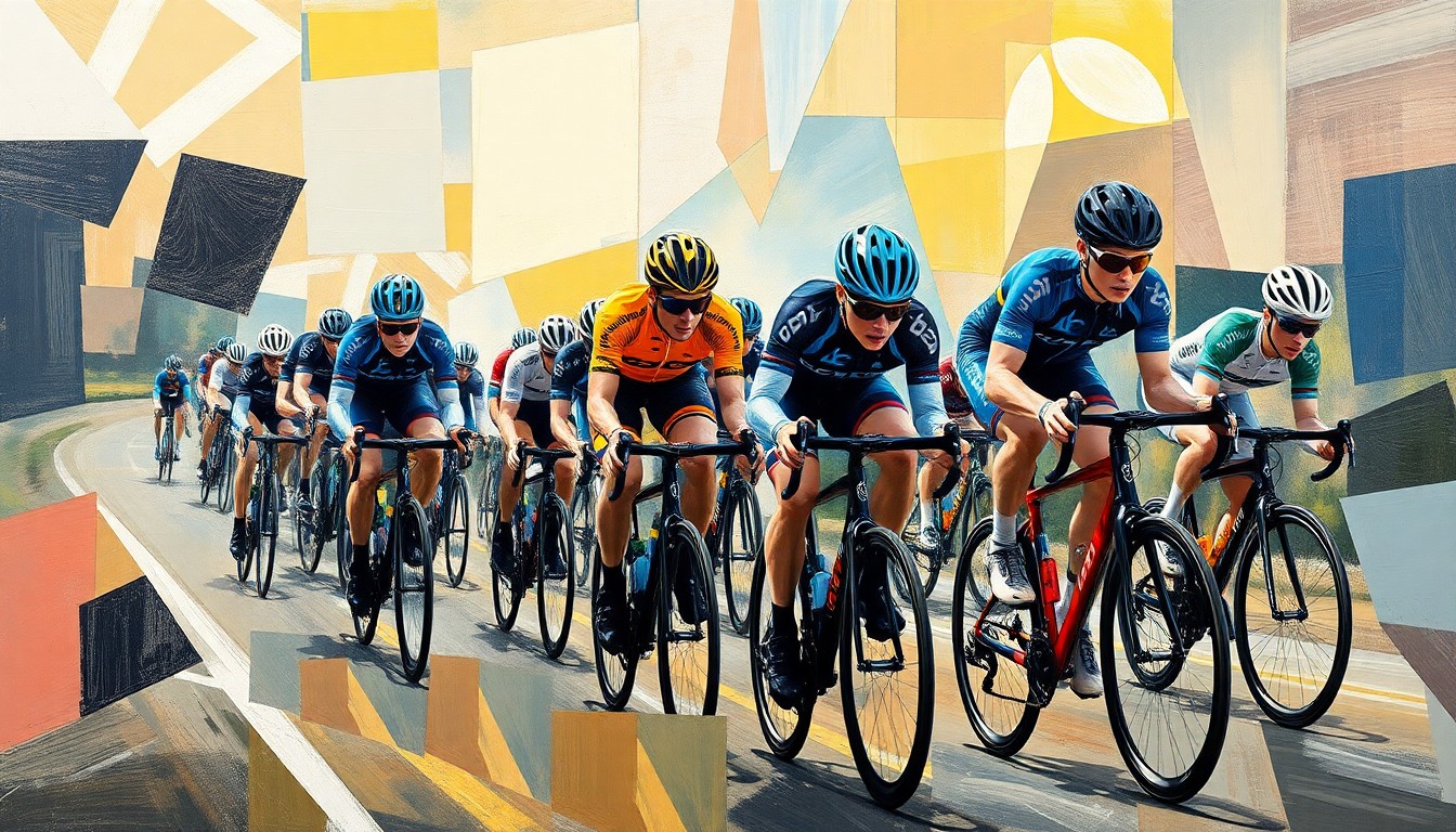 A cubist-style painting depicting a professional cycling race, with the riders and bicycles broken down into sharp, overlapping geometric shapes and planes, conveying the sense of motion and competition in the sport.
