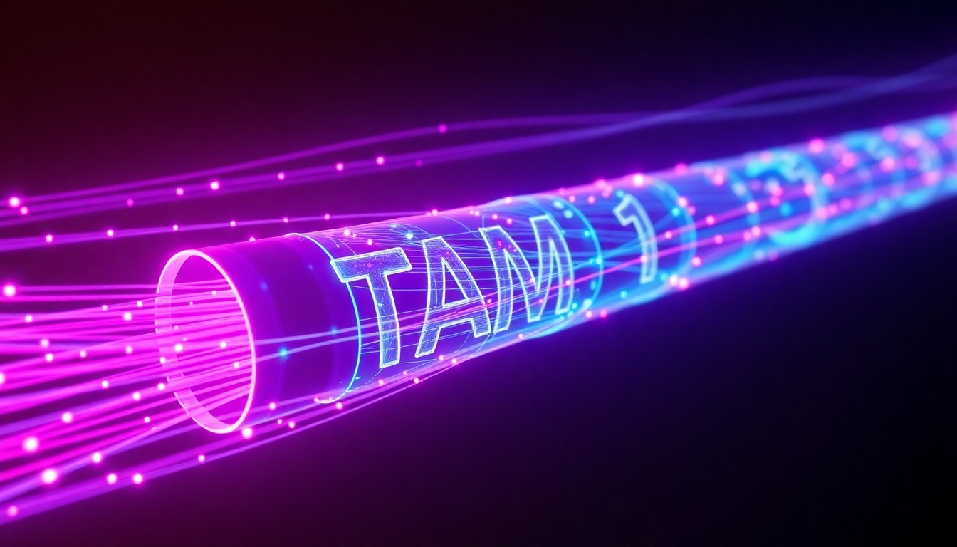 A highly detailed, glowing 3D illustration of the TAM-1 submarine cable system, with its fiber-optic strands illuminated by neon cyan and magenta lights, representing the advanced technology and vast data capacity of this transformative infrastructure project.