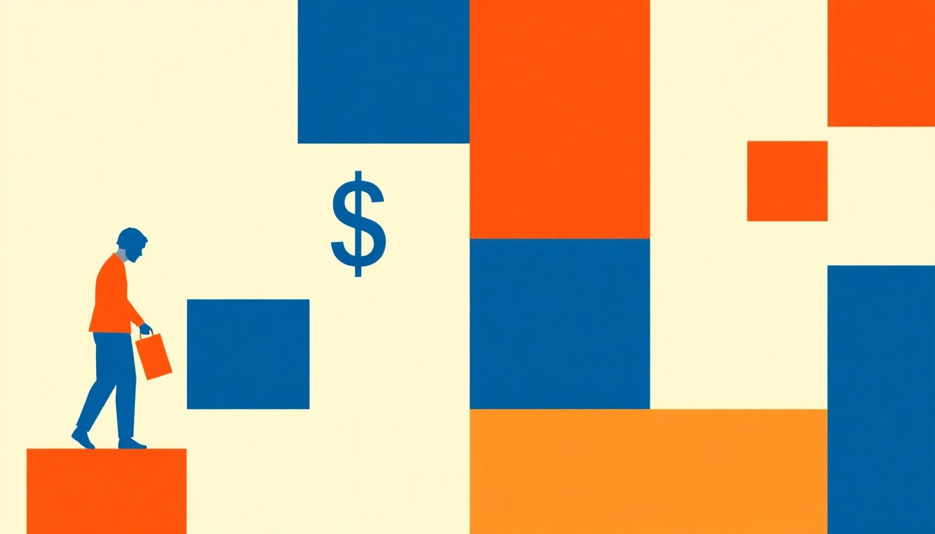 A geometric abstract illustration using bold primary-colored shapes and clean lines to represent economic data and trends related to minimum wage policy.